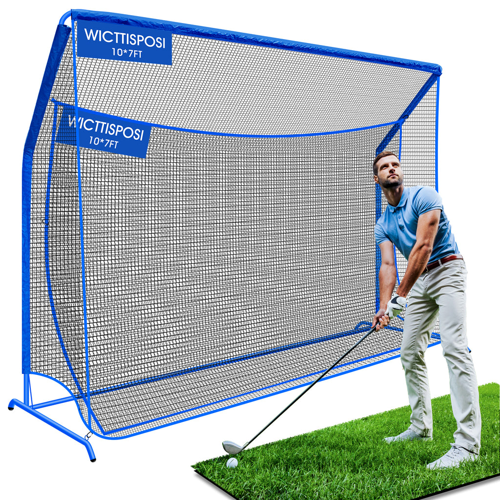 WICTTISPOSI Golf Hitting Net with Extra Striking Net, 10x7ft Heavy Duty Golf Practice Nets for Golfers Backyard Driving Swing, Golf Impact Cage Metal Frame with Storage Bag&Elevated Base, Indoor Outdoor Use