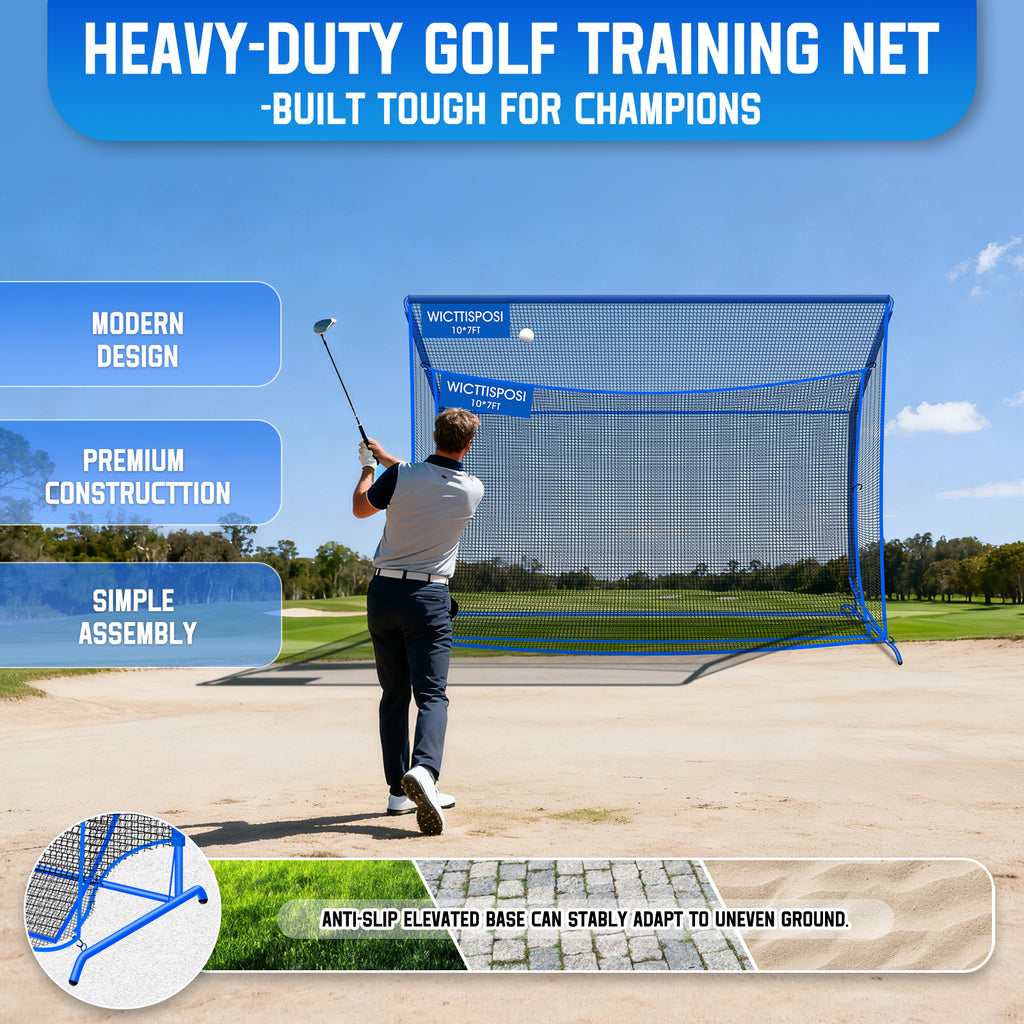 WICTTISPOSI Golf Hitting Net with Extra Striking Net, 10x7ft Heavy Duty Golf Practice Nets for Golfers Backyard Driving Swing, Golf Impact Cage Metal Frame with Storage Bag&Elevated Base, Indoor Outdoor Use