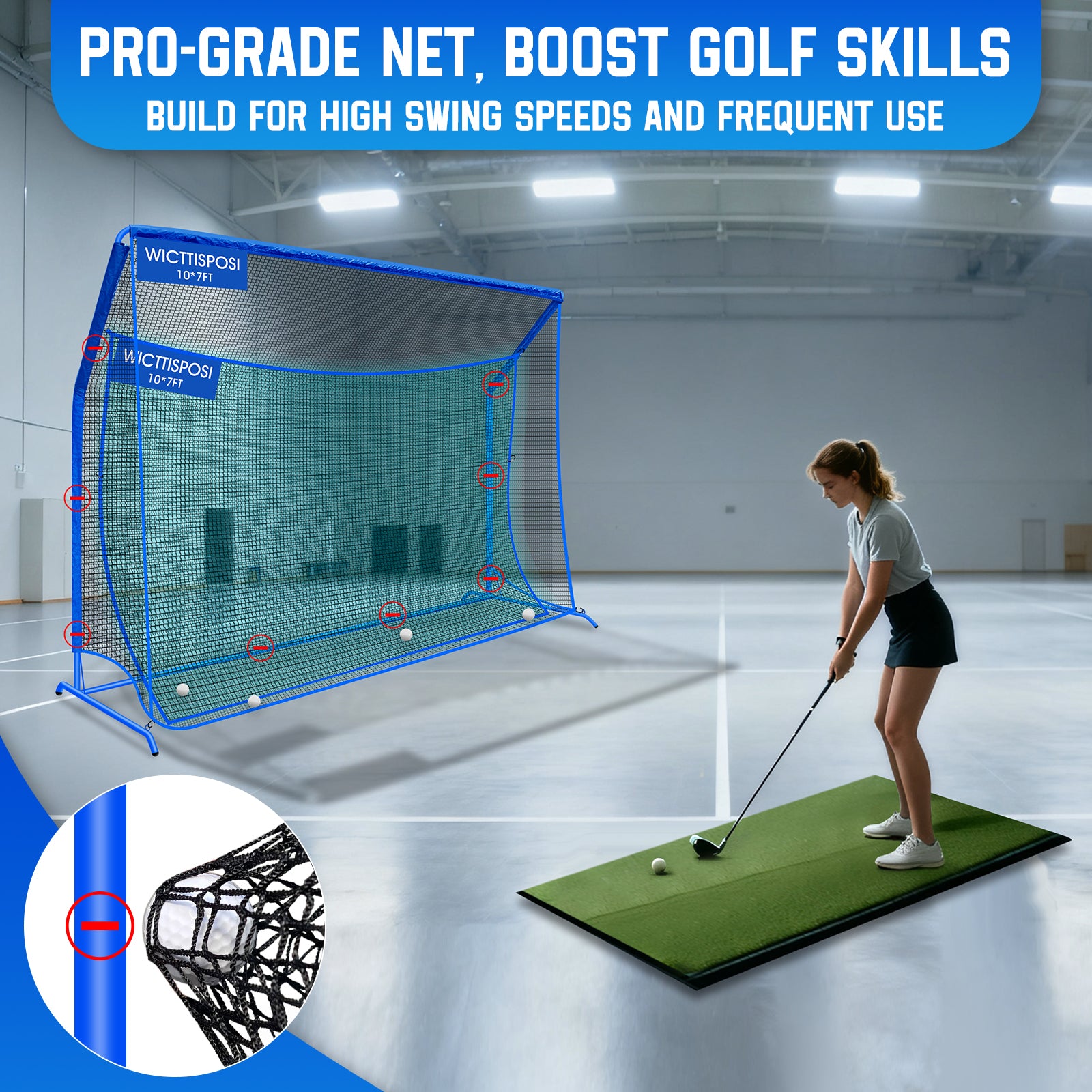 WICTTISPOSI Golf Hitting Net with Extra Striking Net, 10x7ft Heavy Duty Golf Practice Nets for Golfers Backyard Driving Swing, Golf Impact Cage Metal Frame with Storage Bag&Elevated Base, Indoor Outdoor Use