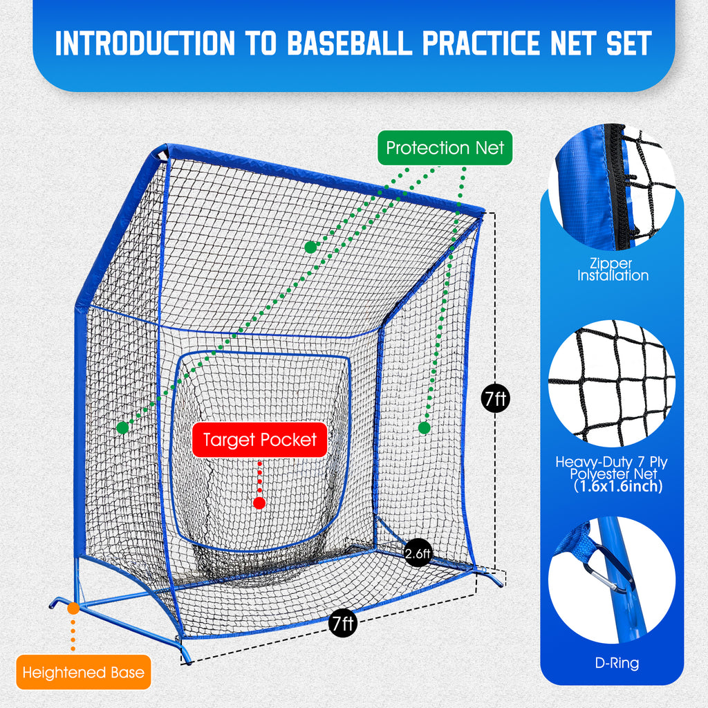 WICTTISPOSI Baseball Softball Net with Blocking System, 7x7ft Practice Cage for Batting/Pitching/Fielding, Metal Frame with Elevated Base and Storage Bag for Backyard Outdoor Indoor