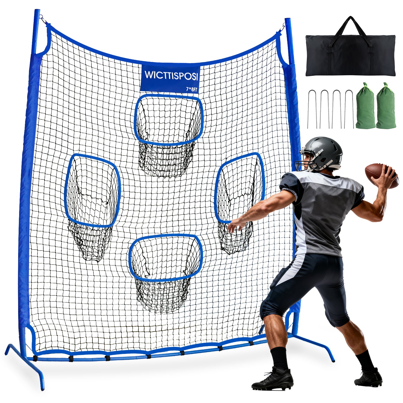 WICTTISPOSI Football Throwing Net, Upgrade Heavy Duty Metal Frame Quarterback Training Equipment Throwing Machine with 1-4 Targets, Easy Setup Football Target Practice with CarryBag, Allweather Indoor Outdoor Use 7X8FT