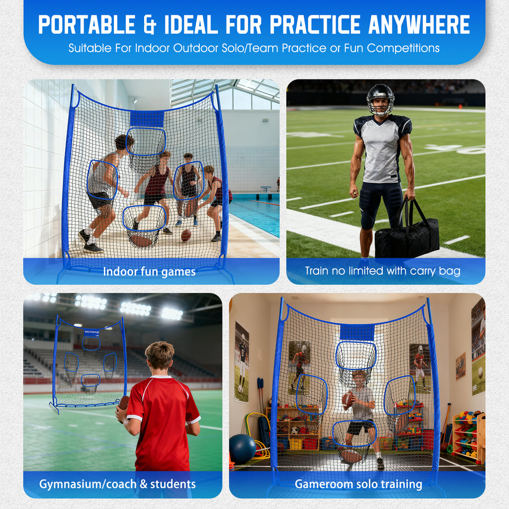 WICTTISPOSI Football Throwing Net, Upgrade Heavy Duty Metal Frame Quarterback Training Equipment Throwing Machine with 1-4 Targets, Easy Setup Football Target Practice with CarryBag, Allweather Indoor Outdoor Use 7X8FT