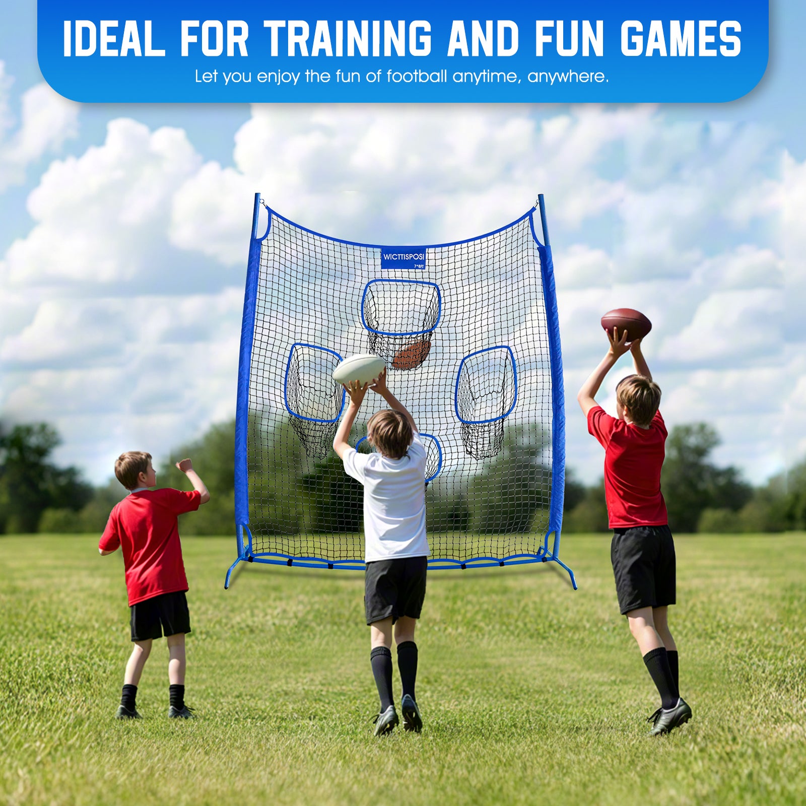 WICTTISPOSI Football Throwing Net, Upgrade Heavy Duty Metal Frame Quarterback Training Equipment Throwing Machine with 1-4 Targets, Easy Setup Football Target Practice with CarryBag, Allweather Indoor Outdoor Use 7X8FT