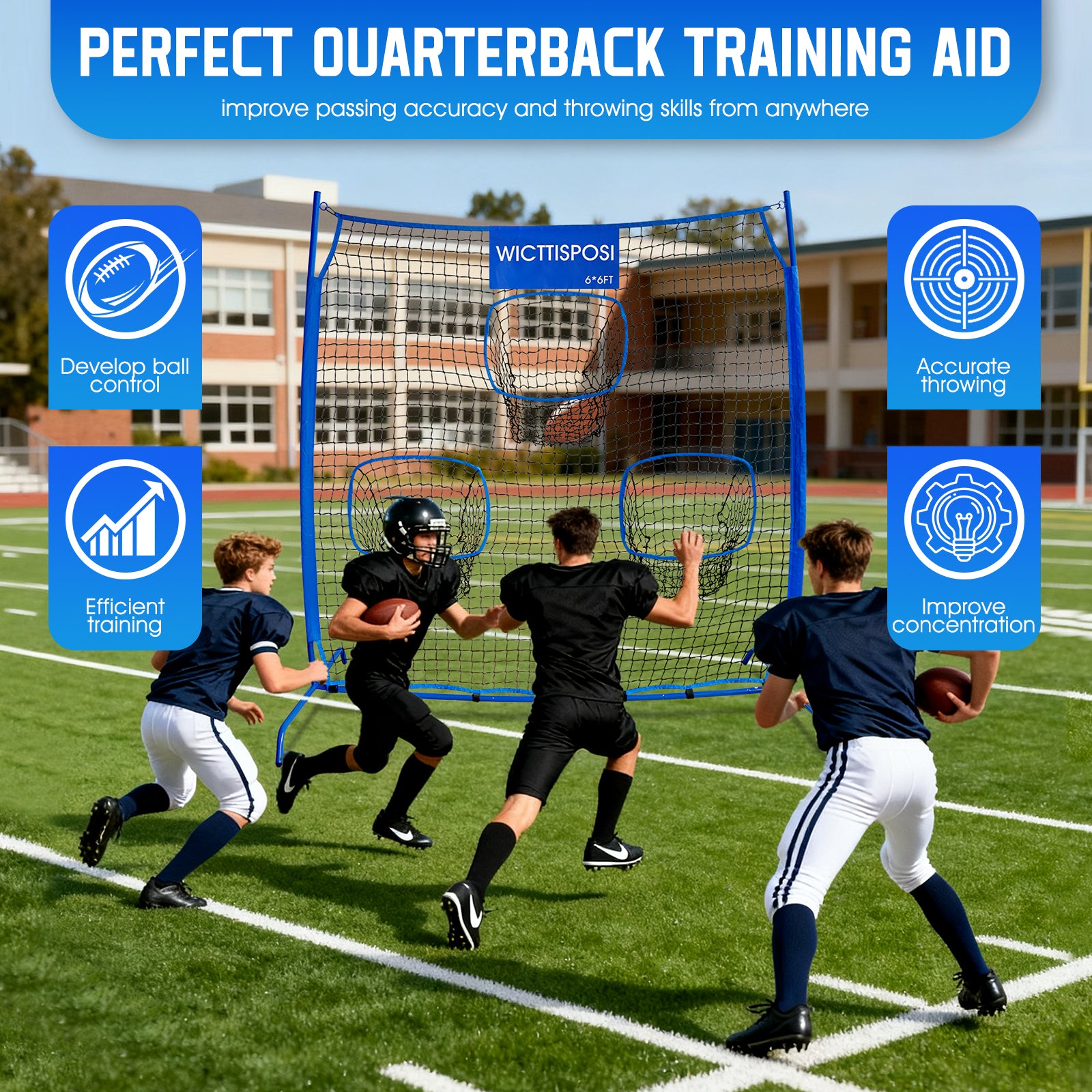 WICTTISPOSI Football Throwing Net, Upgrade Heavy Duty Metal Frame Quarterback Training Equipment Throwing Machine with 1-4 Targets, Easy Setup Football Target Practice with CarryBag, Allweather Indoor Outdoor Use 6.2X6FT