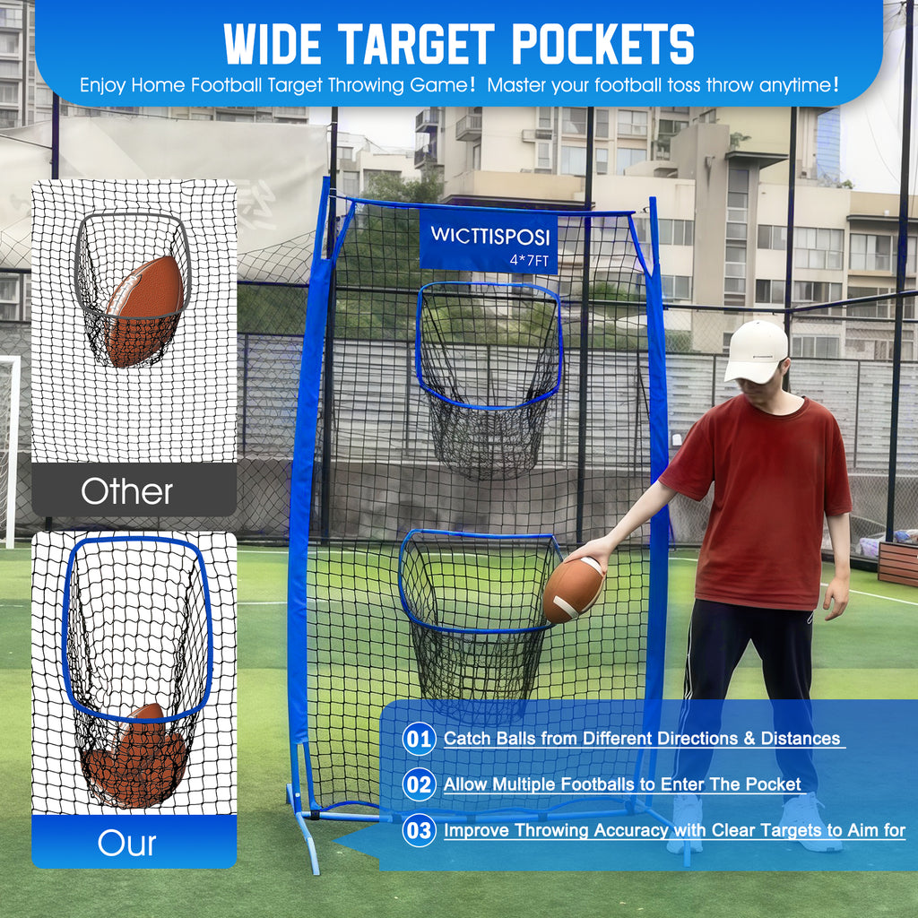 WICTTISPOSI Football Throwing Net, Upgrade Heavy Duty Metal Frame Quarterback Training Equipment Throwing Machine with 1-4 Targets, Easy Setup Football Target Practice with CarryBag, Allweather Indoor Outdoor Use 4X7FT