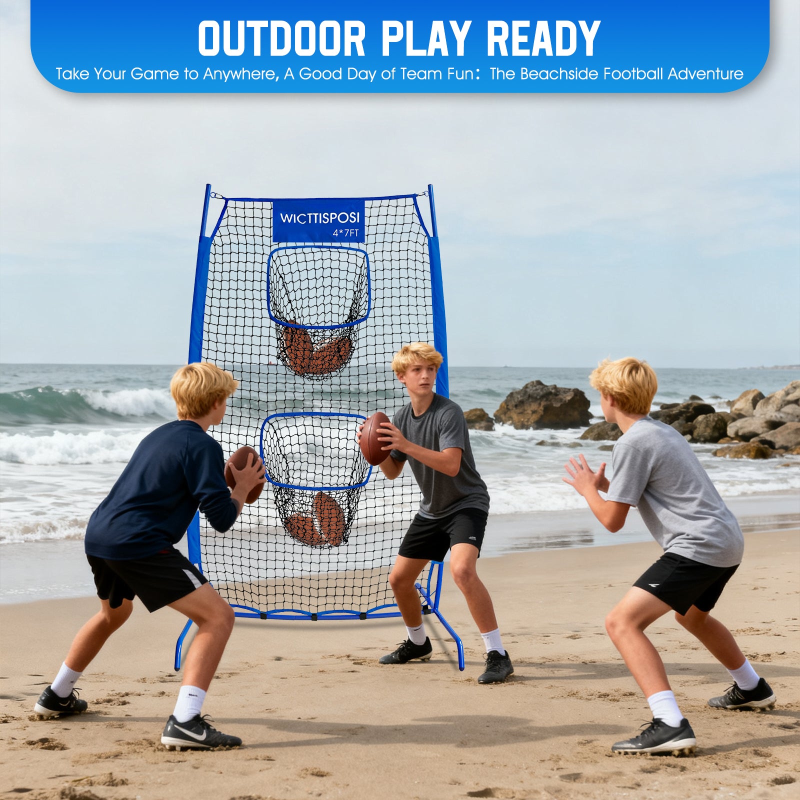 WICTTISPOSI Football Throwing Net, Upgrade Heavy Duty Metal Frame Quarterback Training Equipment Throwing Machine with 1-4 Targets, Easy Setup Football Target Practice with CarryBag, Allweather Indoor Outdoor Use 4X7FT