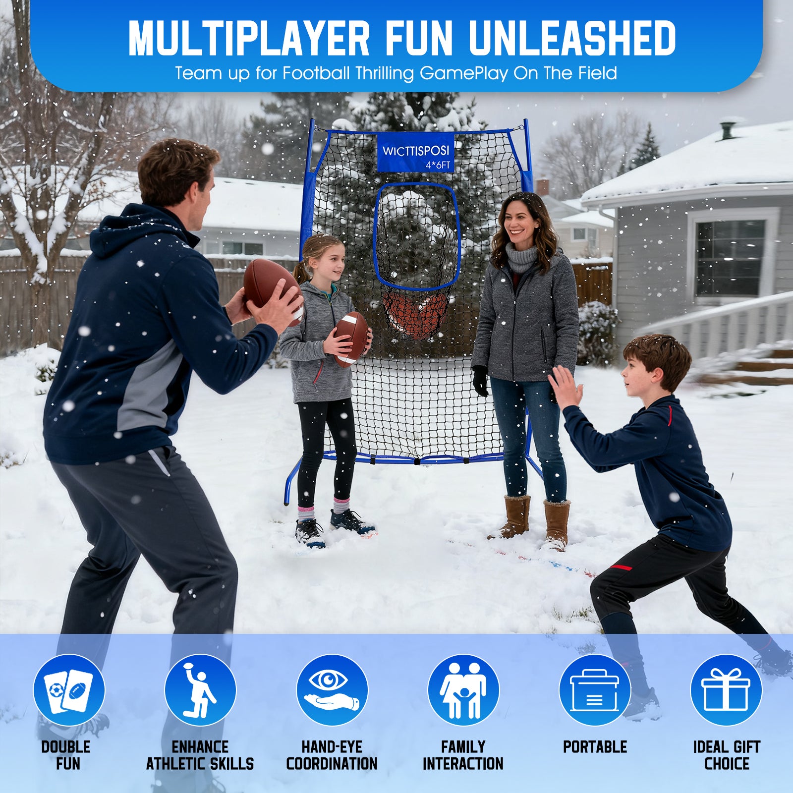 WICTTISPOSI Football Throwing Net, Upgrade Heavy Duty Metal Frame Quarterback Training Equipment Throwing Machine with 1-4 Targets, Easy Setup Football Target Practice with CarryBag, Allweather Indoor Outdoor Use 4X6FT