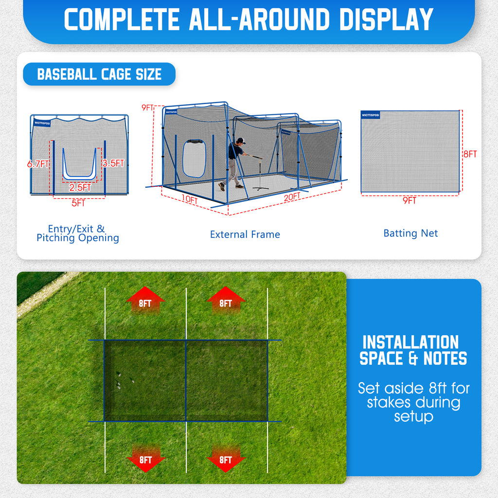 WICTTISPOSI 20ftx10ftx9ft Baseball Softball Cage with Hitting Net,Dual Sided 7-Ply Netting for Batting/Pitching/Fielding,Heavy-Duty Metal Frame and Windproof Ropes for Backyard Outdoor Indoor