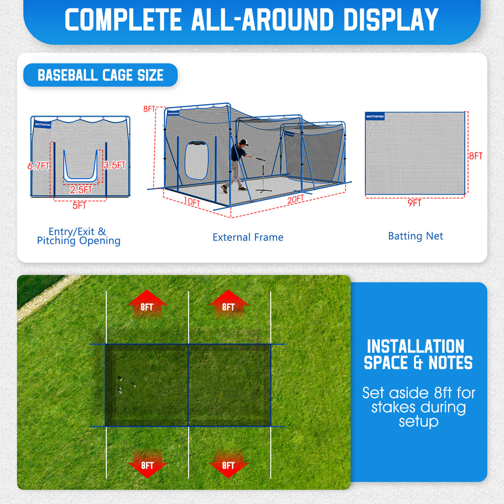 WICTTISPOSI 20ftx10ftx8ft Baseball Softball Cage with Hitting Net,Dual Sided 7-Ply Netting for Batting/Pitching/Fielding,Heavy-Duty Metal Frame and Windproof Ropes for Backyard Outdoor Indoor
