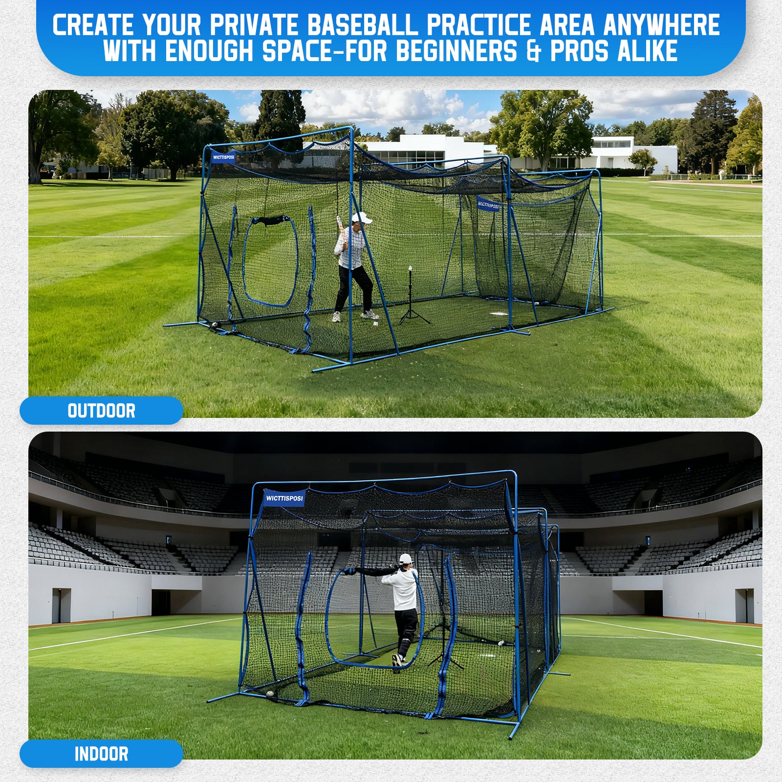 WICTTISPOSI 20ftx10ftx9ft Baseball Softball Cage with Hitting Net,Dual Sided 7-Ply Netting for Batting/Pitching/Fielding,Heavy-Duty Metal Frame and Windproof Ropes for Backyard Outdoor Indoor