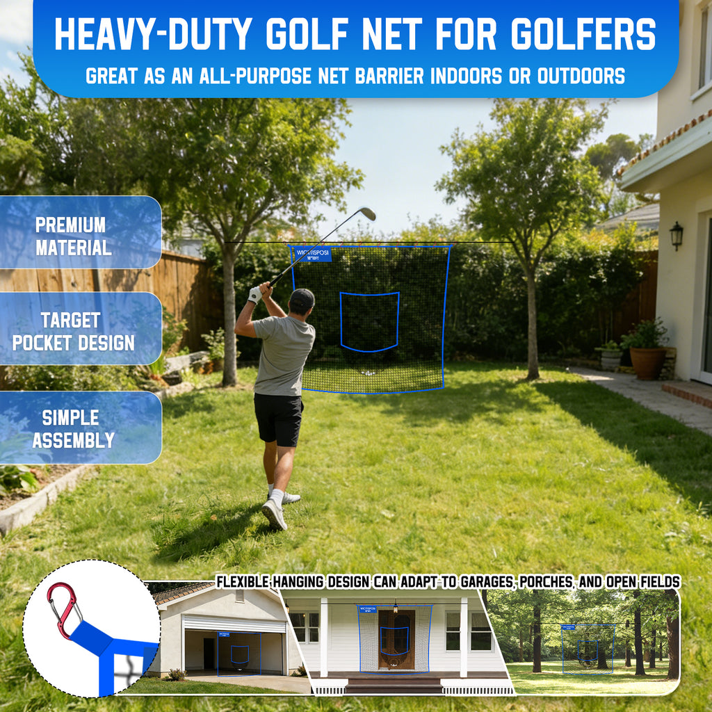 WICTTISPOSI Golf Net with Target Pocket, 20ft/15ft/10ft Golf Practice Net, Heavy-Duty Multi Sports Netting Barrier, Golf Hitting Net for Golfer Garages Backyard Driving Swing Chipping, Indoor Outdoor Use 10x10FT