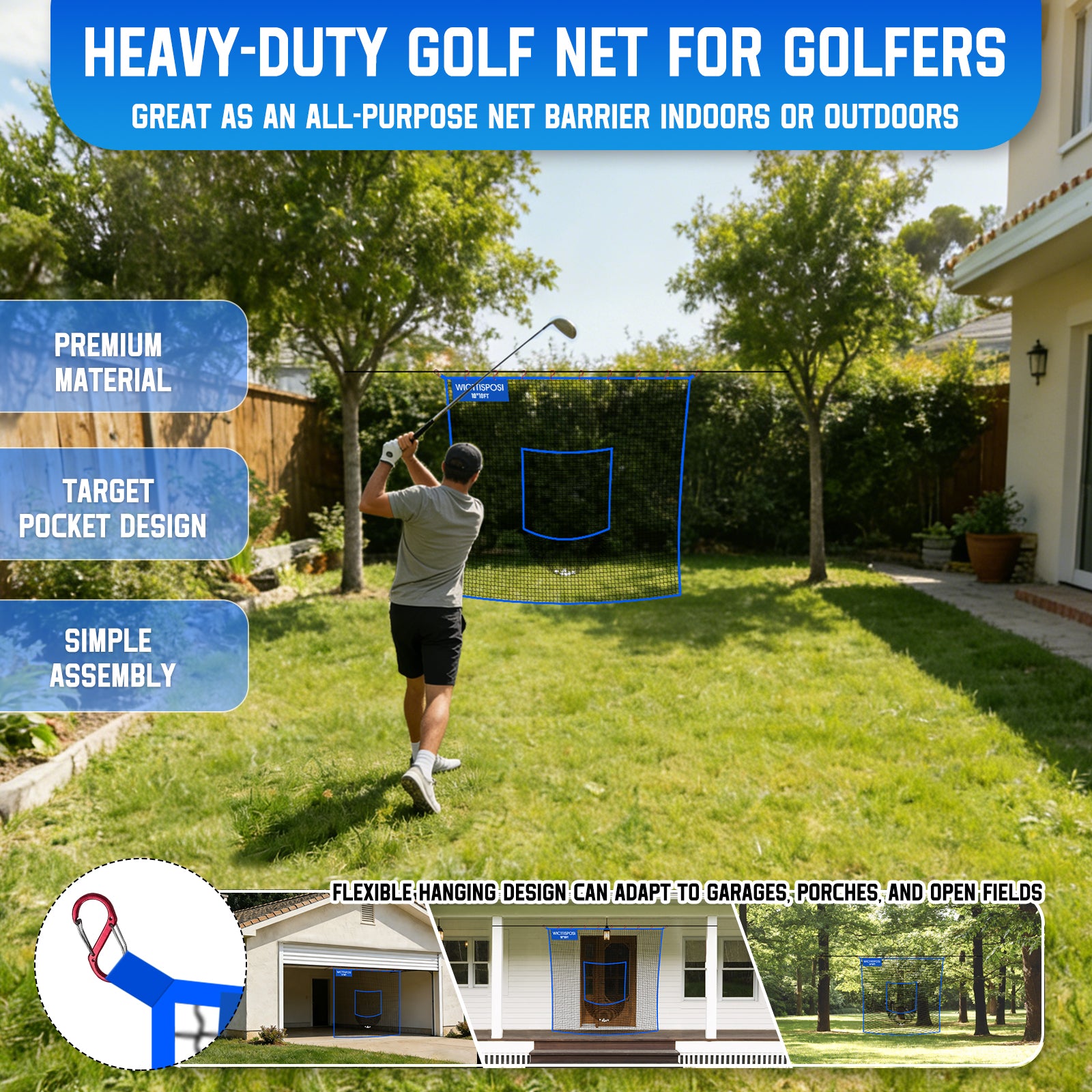WICTTISPOSI Golf Net with Target Pocket, 20ft/15ft/10ft Golf Practice Net, Heavy-Duty Multi Sports Netting Barrier, Golf Hitting Net for Golfer Garages Backyard Driving Swing Chipping, Indoor Outdoor Use 10x10FT