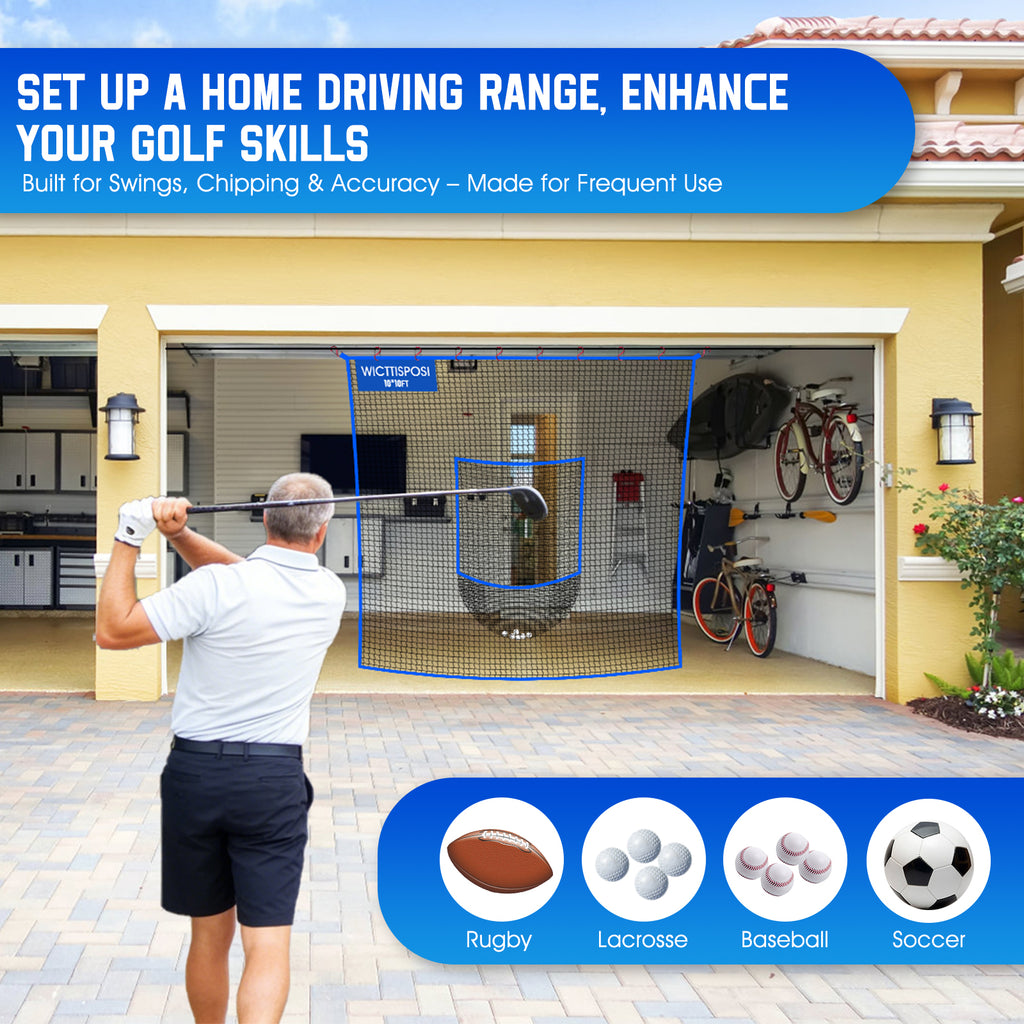 WICTTISPOSI Golf Net with Target Pocket, 20ft/15ft/10ft Golf Practice Net, Heavy-Duty Multi Sports Netting Barrier, Golf Hitting Net for Golfer Garages Backyard Driving Swing Chipping, Indoor Outdoor Use 10x10FT