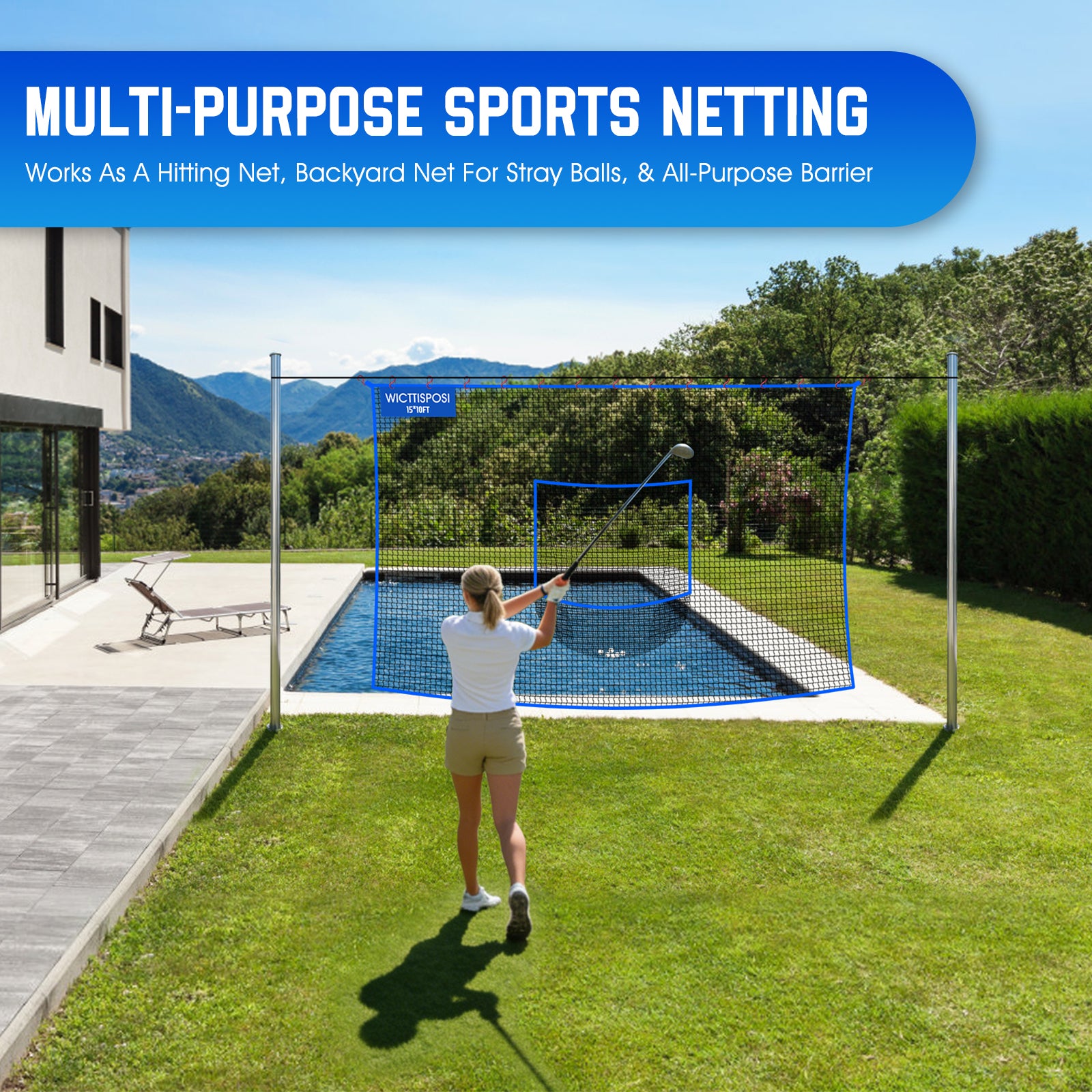 WICTTISPOSI Golf Net with Target Pocket, 20ft/15ft/10ft Golf Practice Net, Heavy-Duty Multi Sports Netting Barrier, Golf Hitting Net for Golfer Garages Backyard Driving Swing Chipping, Indoor Outdoor Use 15x10FT
