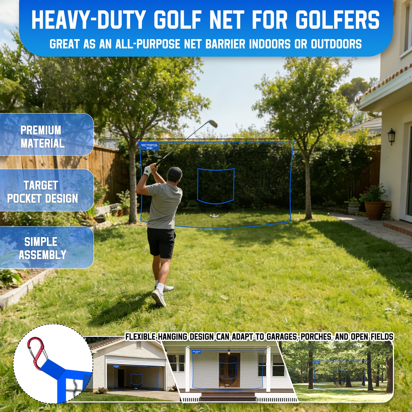WICTTISPOSI Golf Net with Target Pocket, 20ft/15ft/10ft Golf Practice Net, Heavy-Duty Multi Sports Netting Barrier, Golf Hitting Net for Golfer Garages Backyard Driving Swing Chipping, Indoor Outdoor Use 20x10FT