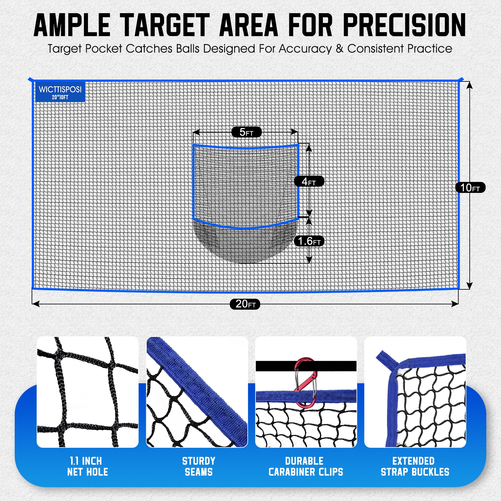 WICTTISPOSI Golf Net with Target Pocket, 20ft/15ft/10ft Golf Practice Net, Heavy-Duty Multi Sports Netting Barrier, Golf Hitting Net for Golfer Garages Backyard Driving Swing Chipping, Indoor Outdoor Use 20x10FT
