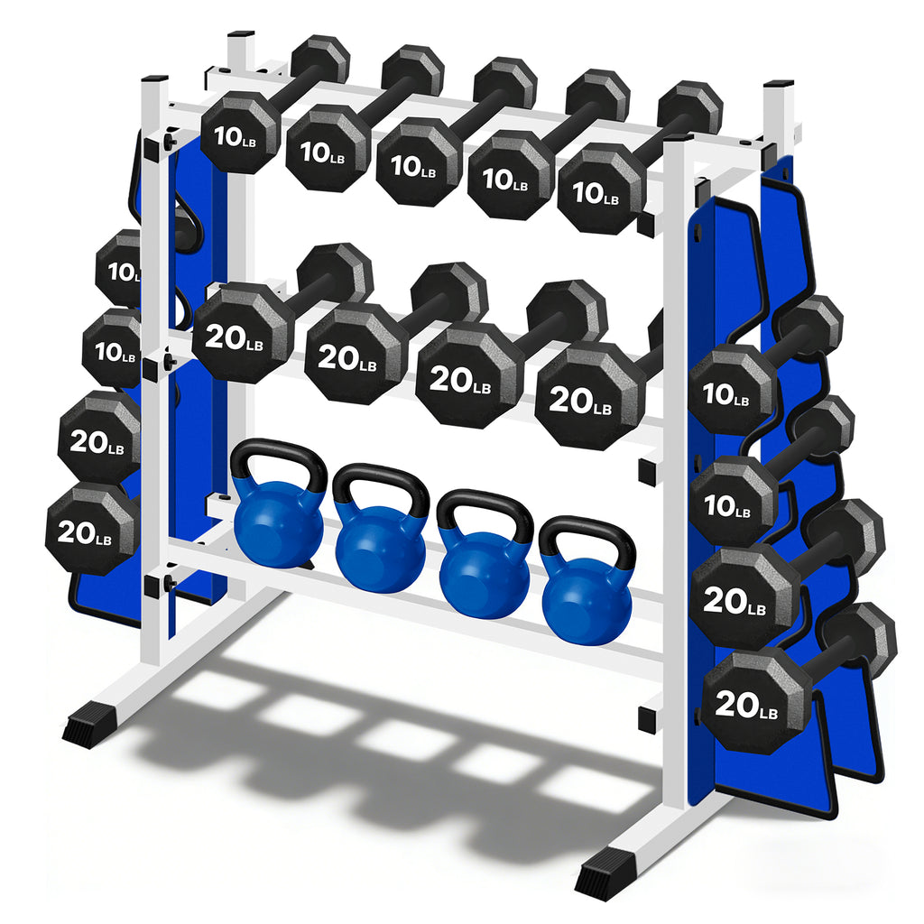 WICTTISPOSI 3-Tier Heavy Duty Dumbbell Rack,1200 LBS Capacity,Double-Side Extension Holder for Dumbbells & Kettlebells Home Gym Storage Rack  WHITE-BLUE
