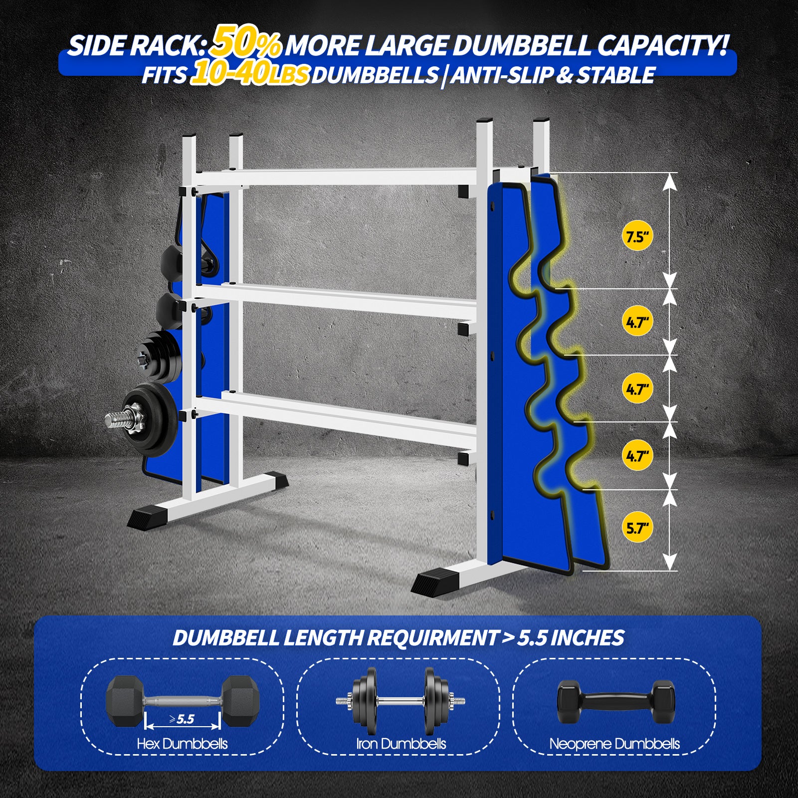 WICTTISPOSI 3-Tier Heavy Duty Dumbbell Rack,1200 LBS Capacity,Double-Side Extension Holder for Dumbbells & Kettlebells Home Gym Storage Rack  WHITE-BLUE