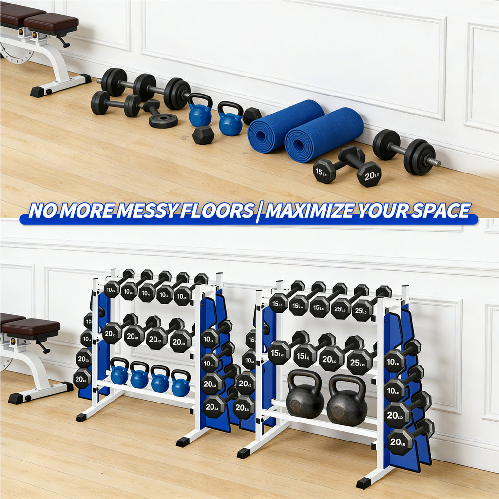 WICTTISPOSI 3-Tier Heavy Duty Dumbbell Rack,1200 LBS Capacity,Double-Side Extension Holder for Dumbbells & Kettlebells Home Gym Storage Rack  WHITE-BLUE