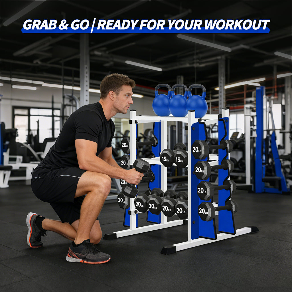 WICTTISPOSI 3-Tier Heavy Duty Dumbbell Rack,1200 LBS Capacity,Double-Side Extension Holder for Dumbbells & Kettlebells Home Gym Storage Rack  WHITE-BLUE