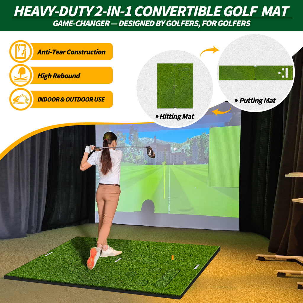 WICTTISPOSI Convertible 2-IN-1 Golf Hitting Mat & Golf Putting Mat, High-Elasticity Golf Practice Mats 150000+Swing for Driving Range Chipping Simulator, 1.22/1.02in Turf Mat Outdoor Indoor Use w/Tees (5ft x 4ft-25mm)