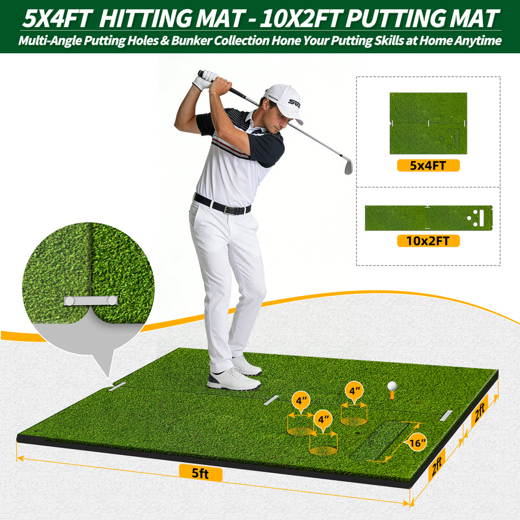 WICTTISPOSI Convertible 2-IN-1 Golf Hitting Mat & Golf Putting Mat, High-Elasticity Golf Practice Mats 150000+Swing for Driving Range Chipping Simulator, 1.22/1.02in Turf Mat Outdoor Indoor Use w/Tees (5ft x 4ft-25mm)
