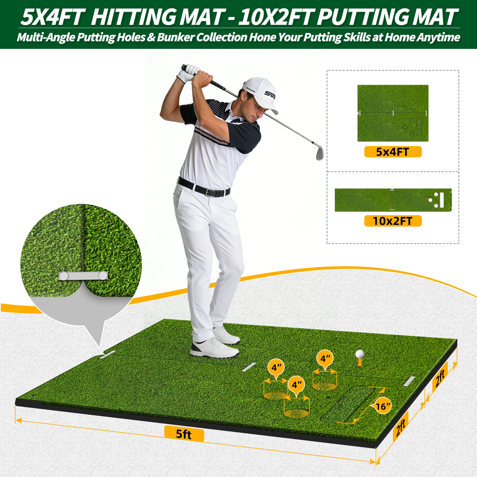 WICTTISPOSI Convertible 2-IN-1 Golf Hitting Mat & Golf Putting Mat, High-Elasticity Golf Practice Mats 150000+Swing for Driving Range Chipping Simulator, 1.22/1.02in Turf Mat Outdoor Indoor Use w/Tees (5ft x 4ft-25mm)