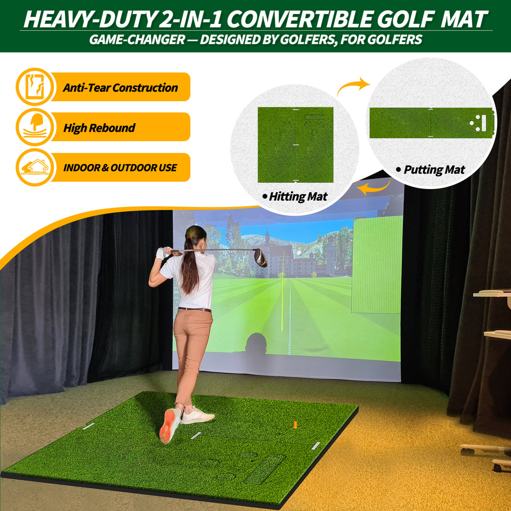 WICTTISPOSI Convertible 2-IN-1 Golf Hitting Mat & Golf Putting Mat, High-Elasticity Golf Practice Mats 150000+Swing for Driving Range Chipping Simulator, 1.22/1.02in Turf Mat Outdoor Indoor Use w/Tees (5ft x 5ft-30mm)