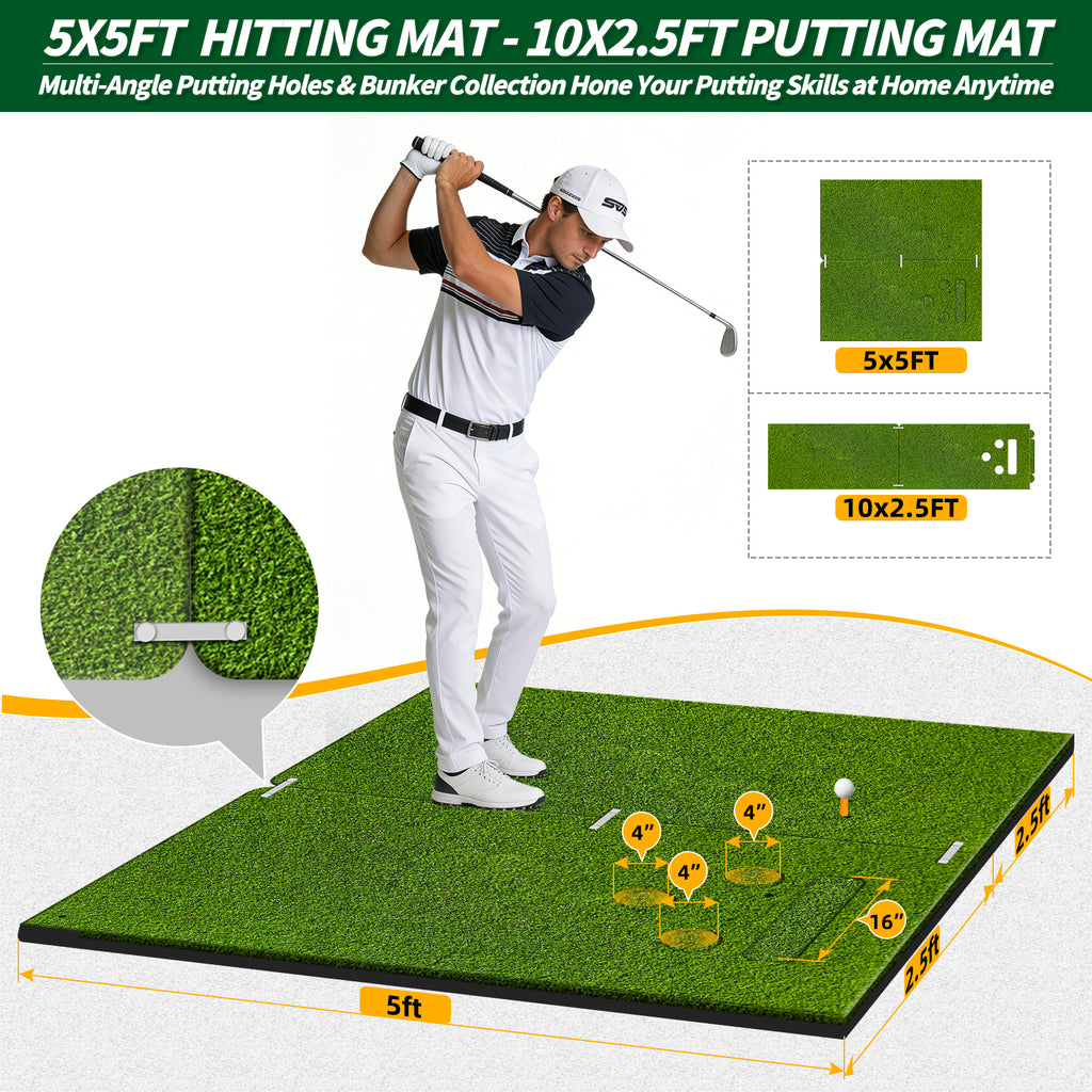 WICTTISPOSI Convertible 2-IN-1 Golf Hitting Mat & Golf Putting Mat, High-Elasticity Golf Practice Mats 150000+Swing for Driving Range Chipping Simulator, 1.22/1.02in Turf Mat Outdoor Indoor Use w/Tees (5ft x 5ft-30mm)