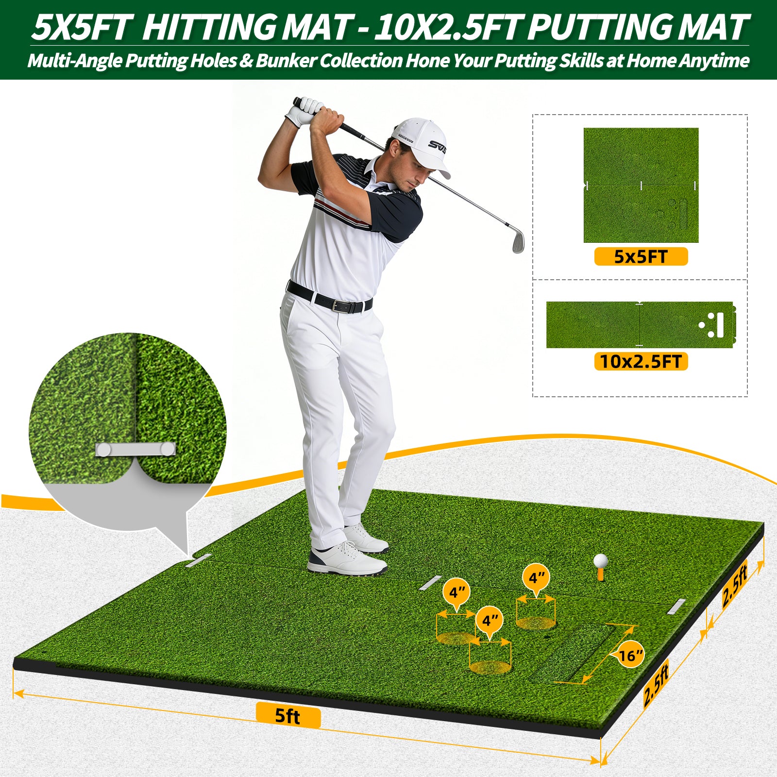WICTTISPOSI Convertible 2-IN-1 Golf Hitting Mat & Golf Putting Mat, High-Elasticity Golf Practice Mats 150000+Swing for Driving Range Chipping Simulator, 1.22/1.02in Turf Mat Outdoor Indoor Use w/Tees (5ft x 5ft-30mm)