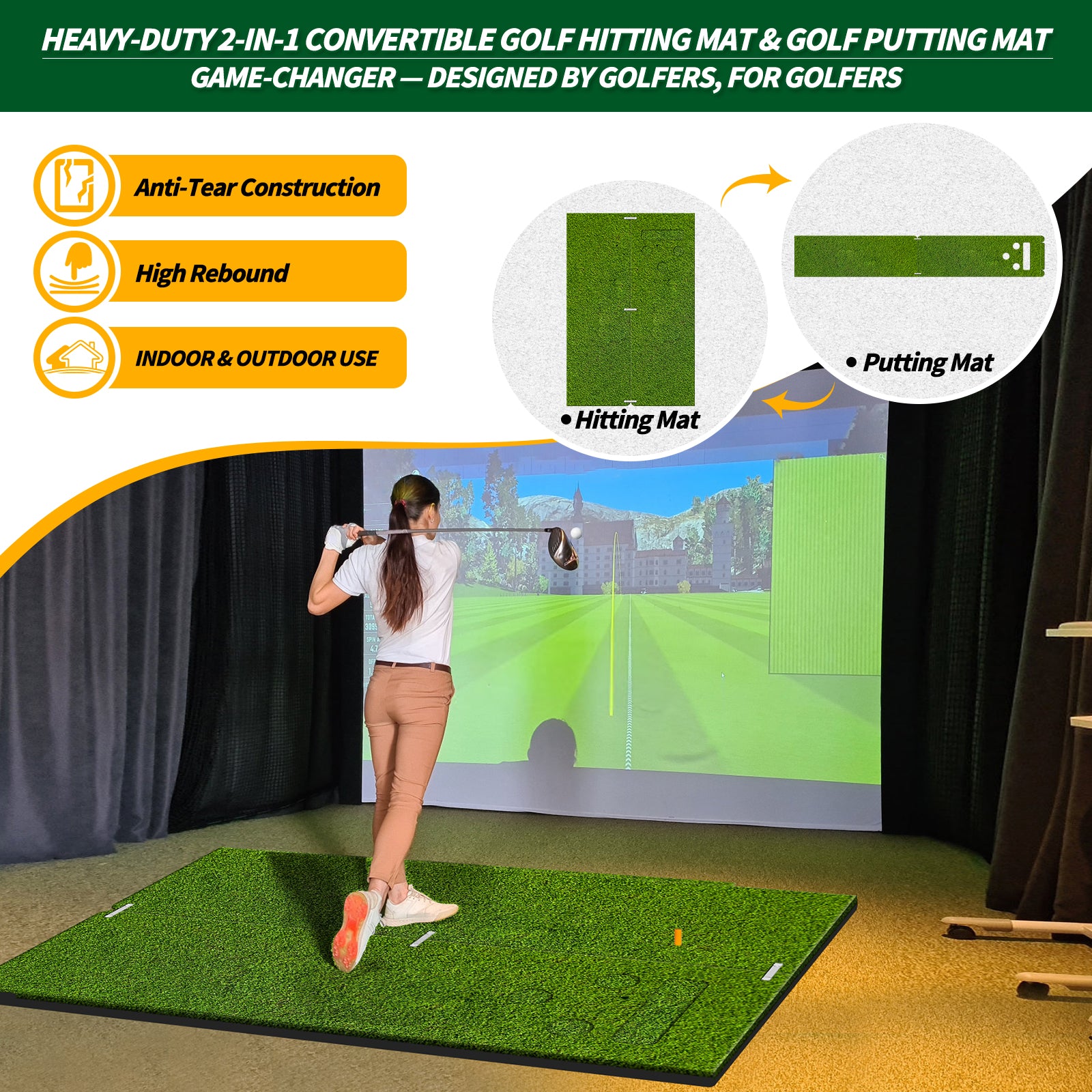 WICTTISPOSI Convertible 2-IN-1 Golf Hitting Mat & Golf Putting Mat, High-Elasticity Golf Practice Mats 150000+Swing for Driving Range Chipping Simulator, 1.22/1.02in Turf Mat Outdoor Indoor Use w/Tees (6ft x 4ft-30mm)