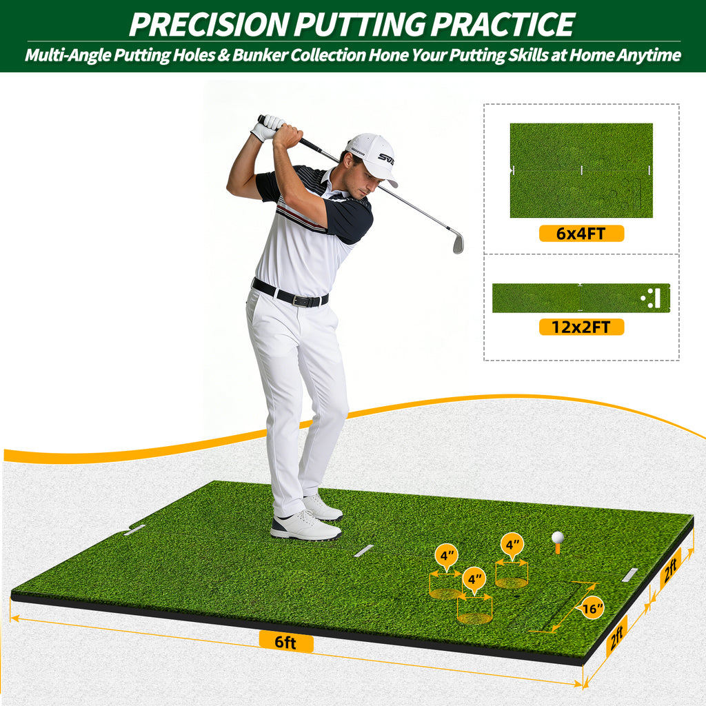 WICTTISPOSI Convertible 2-IN-1 Golf Hitting Mat & Golf Putting Mat, High-Elasticity Golf Practice Mats 150000+Swing for Driving Range Chipping Simulator, 1.22/1.02in Turf Mat Outdoor Indoor Use w/Tees (6ft x 4ft-30mm)