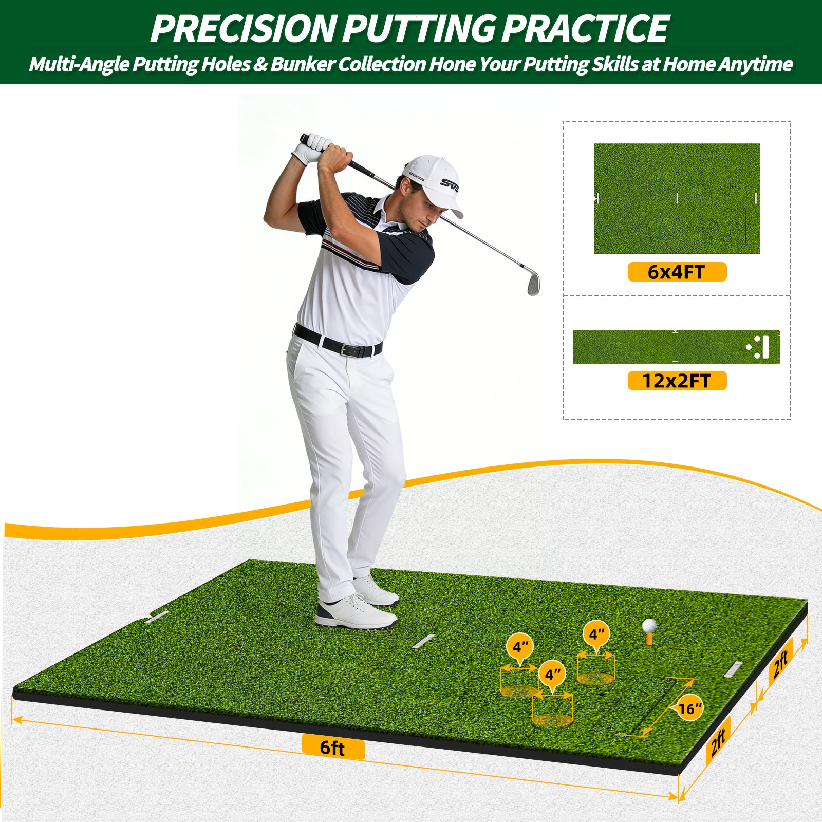 WICTTISPOSI Convertible 2-IN-1 Golf Hitting Mat & Golf Putting Mat, High-Elasticity Golf Practice Mats 150000+Swing for Driving Range Chipping Simulator, 1.22/1.02in Turf Mat Outdoor Indoor Use w/Tees (6ft x 4ft-30mm)