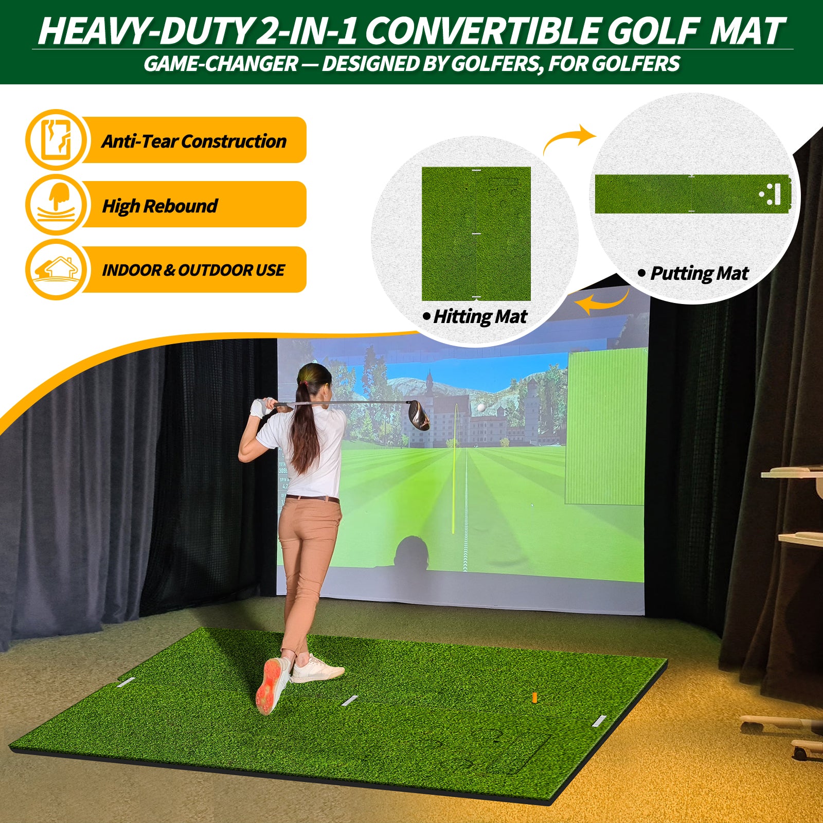 WICTTISPOSI Convertible 2-IN-1 Golf Hitting Mat & Golf Putting Mat, High-Elasticity Golf Practice Mats 150000+Swing for Driving Range Chipping Simulator, 1.22/1.02in Turf Mat Outdoor Indoor Use w/Tees (6ft x 4.8ft-30mm)