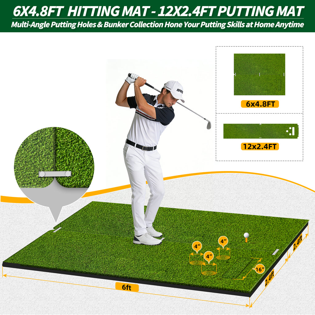 WICTTISPOSI Convertible 2-IN-1 Golf Hitting Mat & Golf Putting Mat, High-Elasticity Golf Practice Mats 150000+Swing for Driving Range Chipping Simulator, 1.22/1.02in Turf Mat Outdoor Indoor Use w/Tees (6ft x 4.8ft-30mm)